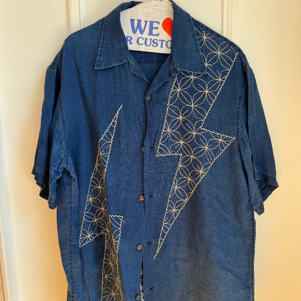 Kapital  Thunderbolt Sashiko Linen Aloha Shirt - Indigo XL